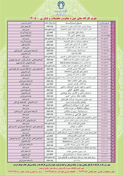 تقویم کارگاه های پژوهشی حوزه تحقیقات و فناوری سال 1405